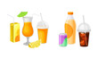 Fresh Orange Juice in Glass with Straw and Sparkling Water with Soda Can Vector Set