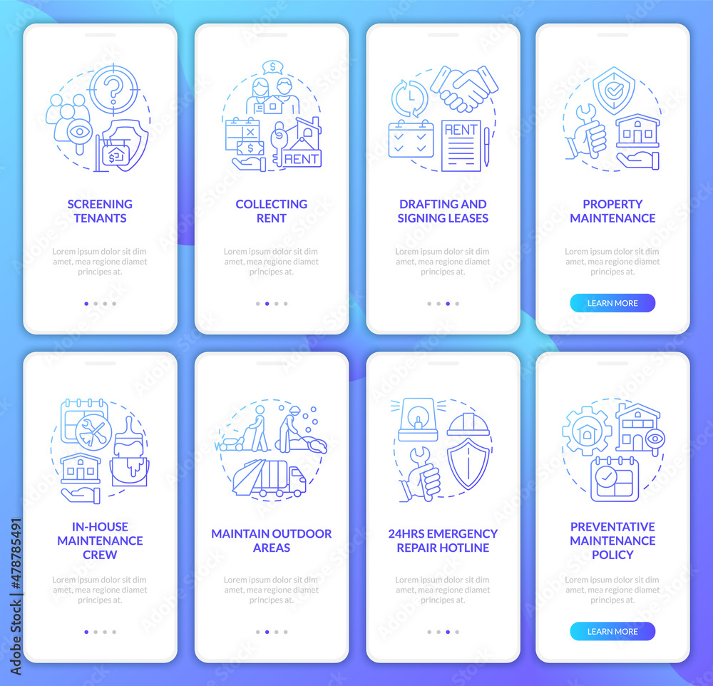 Property agency blue gradient onboarding mobile app screen set. Realty ...