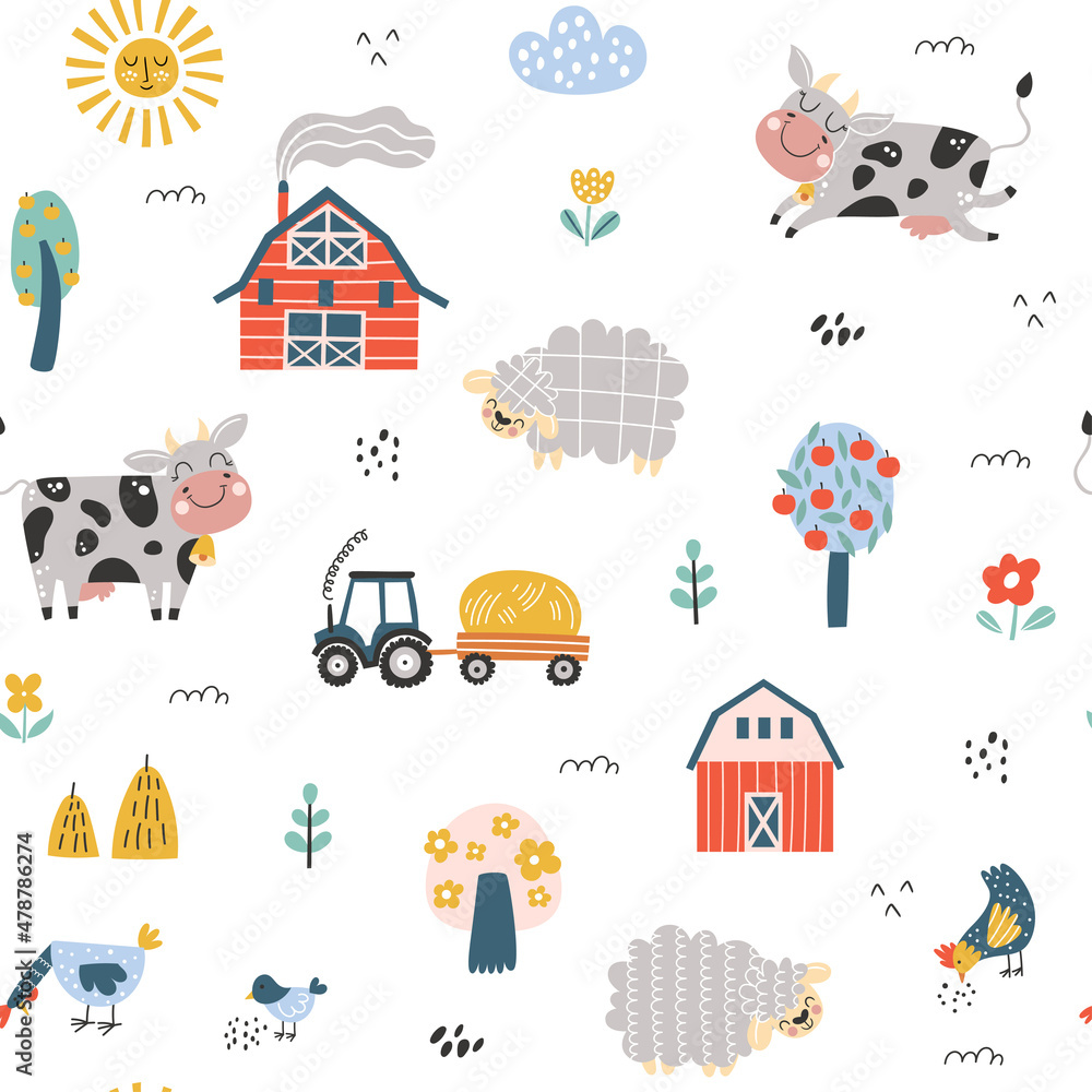 Seamless childish pattern with cute cow, sheep, farm house. Creative ...