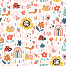 Seamless Childish Pattern With Cute Ladybird, Butterfly, Flowers, Snail And Caterpillar. Creative Kids Texture For Fabric, Wrapping, Textile, Wallpaper, Apparel. Vector Illustration