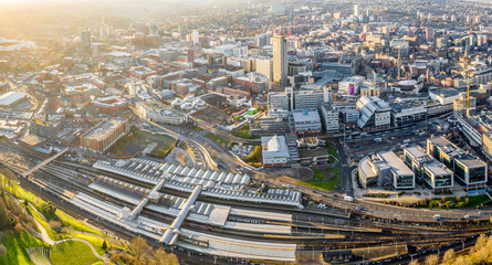 Poster - aerial view of Sheffield city centre and railway station 
