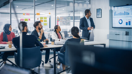 Aufkleber - Modern Multi-Ethnic Office Conference Room Meeting: Diverse Team of Young Entrepreneurs, Specialists Talk, Use TV for infographics. Businesspeople Discuss Investment Strategy for e-Commerce Startup