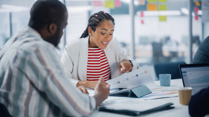 Poster - In Diverse Modern Office: Business Meeting of Successful Black Businesswoman and African-American Businessman, Talk, Smile. Creative Digital Entrepreneurs Work on e-Commerce Project.