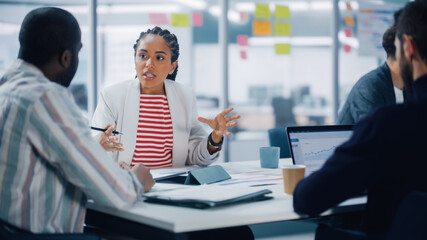 Poster - In Diverse Modern Office: Business Meeting of Successful Black Businesswoman and African-American Businessman, Talk, Smile. Creative Digital Entrepreneurs Work on e-Commerce Project.