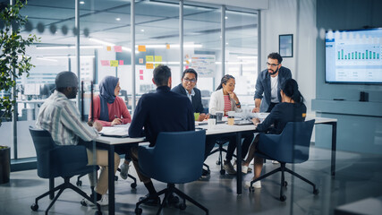 Poster - Multi-Ethnic Office Conference Room Meeting: Diverse Team of Young Entrepreneurs, Specialists Talk, Use TV for infographics. Smiling Businesspeople Discuss Investment Strategy in e-commerce Startup