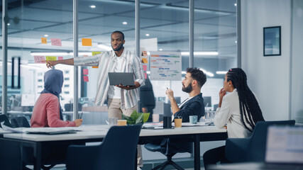 Poster - Diverse Modern Office: Successful Motivated Black Businessman Leads Meeting, talks of Company Growth. Digital Entrepreneurs Work on e-Commerce Project. Young Multi-Ethnic Creatives Brainstorm Strategy