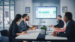 © Gorodenkoff - Multi-Ethnic Office Conference Room Meeting: Diverse Team of Managers, Executives Talk, Uses Wall TV with Big Data Analysis, Charts and Infographics. Businesspeople Investing in e Commerce Startup