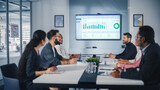 Fototapeta  - Multi-Ethnic Office Conference Room Meeting: Diverse Team of Managers, Executives Talk, Uses Wall TV with Big Data Analysis, Charts and Infographics. Businesspeople Investing in e Commerce Startup