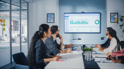 Poster - Multi-Ethnic Office Conference Room Meeting: Diverse Team of Managers, Executives Talk, Uses Wall TV with Big Data Analysis, Charts and Infographics. Businesspeople Investing in e Commerce Startup