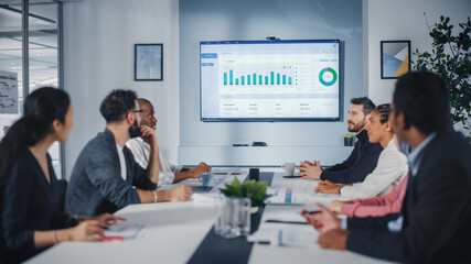 Wall Mural - Multi-Ethnic Office Conference Room Meeting: Diverse Team of Managers, Executives Talk, Uses Wall TV with Big Data Analysis, Charts and Infographics. Businesspeople Investing in e Commerce Startup