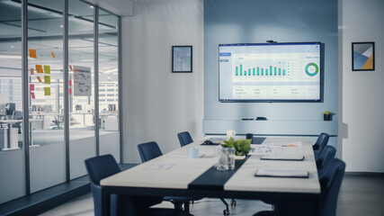 Aufkleber - Modern Empty Meeting Room with Big Conference Table with Various Documents and Laptops on it, on the Wall Big TV with Big Data Analysis, Charts and Infographics. Contemporary Designed Work Environment