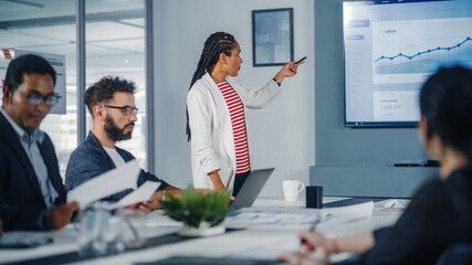 Aufkleber - Diverse Modern Office: Black Businesswoman Leads Business Meeting with Managers, Talks, Explains Statistics, uses Presentation TV with Graphs, Big Data. Digital Entrepreneurs Work on eCommerce Project