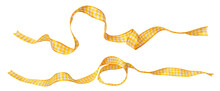 Yellow Check Ribbon Curl Isolated On White Background. Yellow Plaid Ribbon Bow And Curl Isolated On White Background