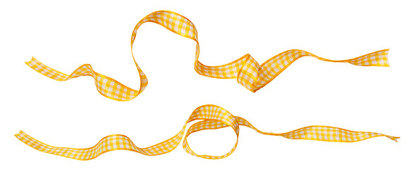 Wall Mural - yellow check ribbon curl isolated on white background. yellow plaid ribbon bow and curl isolated on 