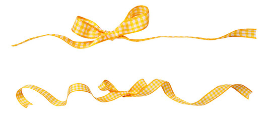 Wall Mural - yellow check ribbon curl isolated on white background. yellow plaid ribbon bow and curl isolated on 