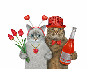 Canvas Print - Two cats in love are near with a bouquet of red tulips and a bottle of champagne. White background. Isolated.