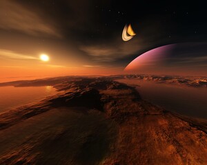 Wall Mural - beautiful alien landscape at the rising of a star and a parade of planets, alien world, the surface of another planet, fantastic landscape 3D rendering