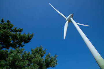 Windmill for electricity generation the background of a blue sky.