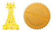 Golden collage of yellow items for chess king icon, and gold metallic Lottery Here! seal print. Chess king icon collage is organized of randomized golden spots.