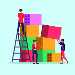 Wall Mural - Two men and a woman cooperation to bring and tidy up the some box. Team work. Hard worker. Vector colorful illustration.