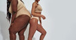 Cropped shot of slim and plus size women in beige underwear standing back to back isolated over gray background