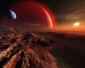 Wall Mural - beautiful alien landscape at the rising of a star and a parade of planets, alien world, the surface of another planet, fantastic landscape 3D rendering