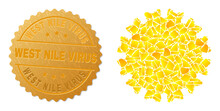 Golden Mosaic Of Yellow Fractions For Virus Icon, And Golden Metallic West Nile Virus Watermark. Virus Icon Mosaic Is Created Of Scattered Golden Parts.