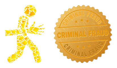 Sticker - Golden collage of yellow elements for maneken hand robber icon, and golden metallic Criminal Fraud seal. Maneken hand robber icon collage is designed from scattered golden elements.