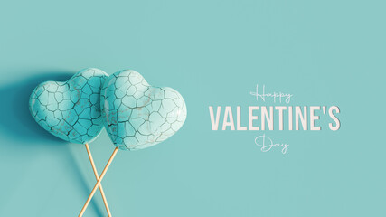 Wall Mural - Two turquoise heart on the stick with Happy Valentine's day text on blue background 3D Rendering, 3D Illustration