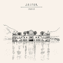 Vector Jaipur, Rajasthan, India Postcard. Jal Mahal (Water Palace) Built In 1699 On Man Sagar Lake. Travel Sketch Line Drawing. Vintage Hand Drawn Touristic Postcard, Poster, Brochure Illustration