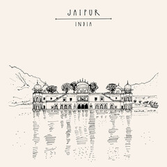 Vector Jaipur, Rajasthan, India postcard. Jal Mahal (Water Palace) built in 1699 on Man Sagar lake. Travel sketch line drawing. Vintage hand drawn touristic postcard, poster, brochure illustration