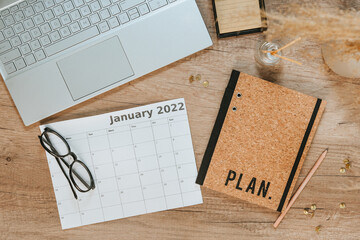 Top view of calendar for planning for January 2022