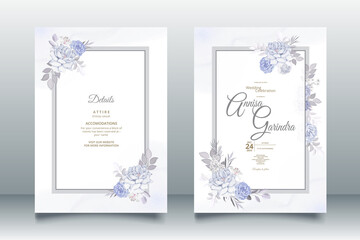 Wall Mural - Romantic Wedding invitation card template set with blue floral leaves Premium Vector	
