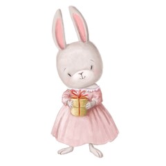 cute little hare with present box, watercolor style illustration, valentines clipart with cartoon character