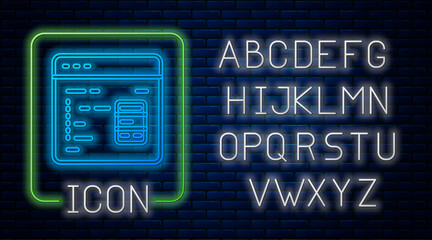 Glowing neon Software, web developer programming code icon isolated on brick wall background. Javascript computer script random parts of program code. Neon light alphabet. Vector