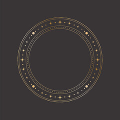 Wall Mural - Vector mystical celestial round golden frame with stars, concentrical circles and copy space. Isolated ornate shiny magical linear border with a place for text