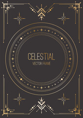 vector celestial background with round copy space. shiny golden elegant outline frame with stars, ge