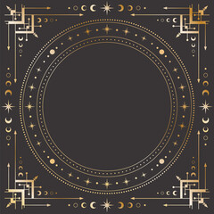 Wall Mural - vector mystical celestial square golden frame with stars, moon phases, crescents, concentrical circl