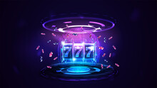 Neon Casino Slot Machine With Jackpot, Poker Chips And Hologram Of Digital Rings In Dark Empty Scene