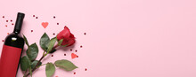 Bottle Of Wine And Red Rose On Pink Background With Space For Text
