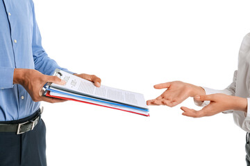 Businessman giving documents to his female colleague on white background