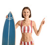 © Pixel-Shot - Beautiful young woman with surfboard pointing at something on white background