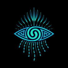 Vector Neon Psychedelic Eye With Decor. Two Spiral - Symbol Of Duality. Sacred Geometry Concept.