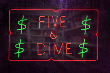 Vintage Neon Five and Dime Sign in Rainy Window