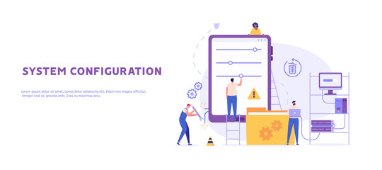 System configuration and settings concept. IT service controlling phone system and mobile app. sysadmin administrator connecting to network. Repairman fix errors. Vector illustration for web design