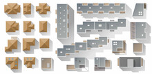 Building Top View For Landscape Design. Set Of Objects For Plan, Map, City. Collection, Kit Of Different Types Of Houses: Townhouse, Condominium, Residential, Apartment, Cottage, City House From Above