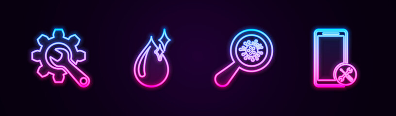 Wall Mural - Set line Wrench and gear, Clean water drop, Microorganisms under magnifier and Mobile service. Glowing neon icon. Vector