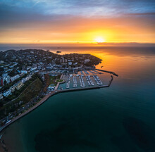 Panorama Over Torquay Marina From A Drone In Sunrise Time, Torbay, Devon, England, Europe