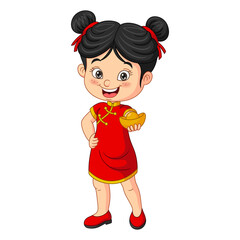 Wall Mural - Cartoon girl holding a chinese gold ingot