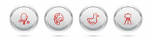 Set Line Racket, Palette, Rubber Duck And Wood Easel. Silver Circle Button. Vector
